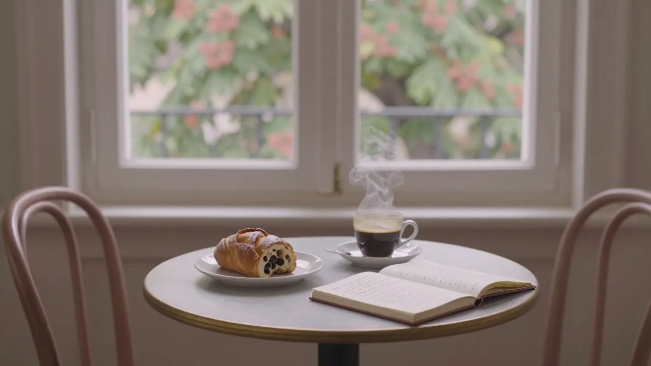 An empty table at a Parisian patisserie holds coffee and pastry, with handwritten poetry visible—evidence of a quiet, meaningful moment.