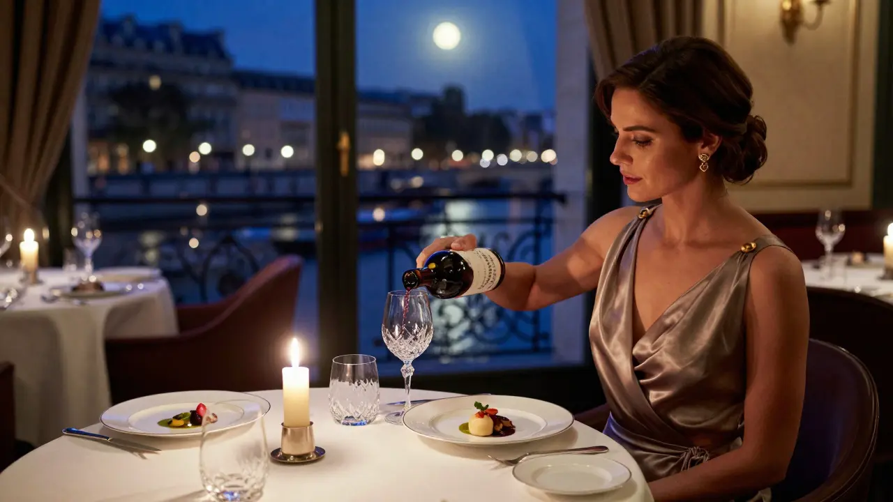 An intimate private dinner at a Michelin-starred Paris restaurant with candlelight and fine dining.