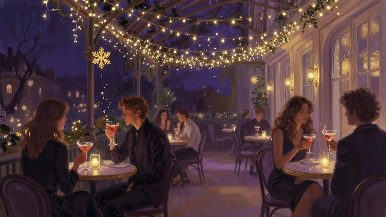 Couples sipping cocktails on Bagatelle&#039;s fairy-light-lit garden terrace at night.