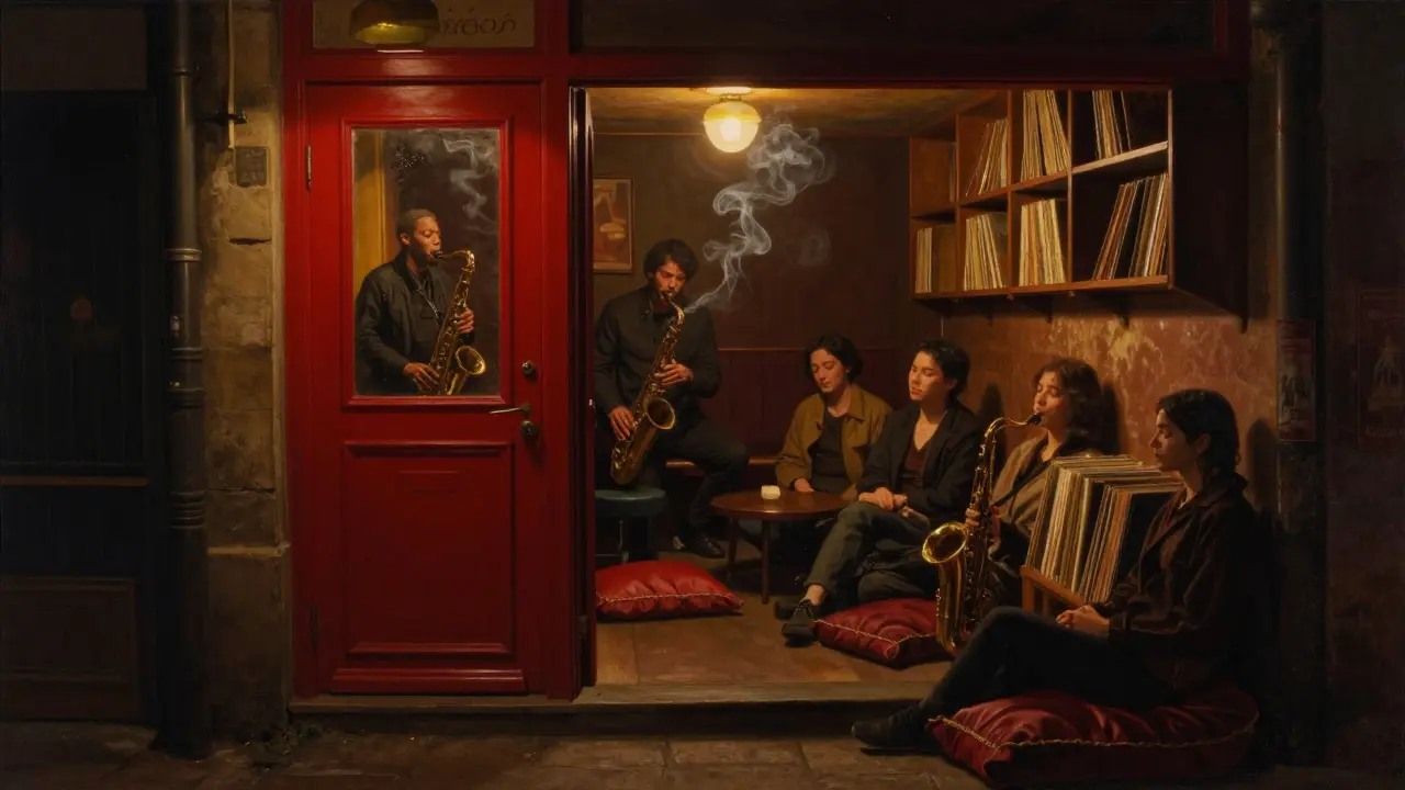 Cozy jazz club with saxophonist playing in dim light, patrons seated on low stools, incense smoke drifting.