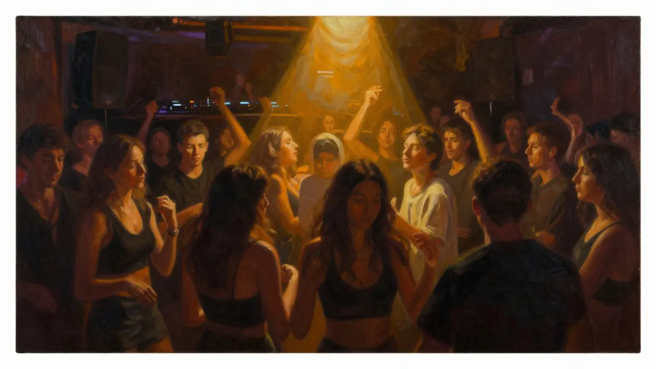 Crowd lost in motion at Rex Club, eyes closed, bathed in amber light as the floor vibrates with deep techno.