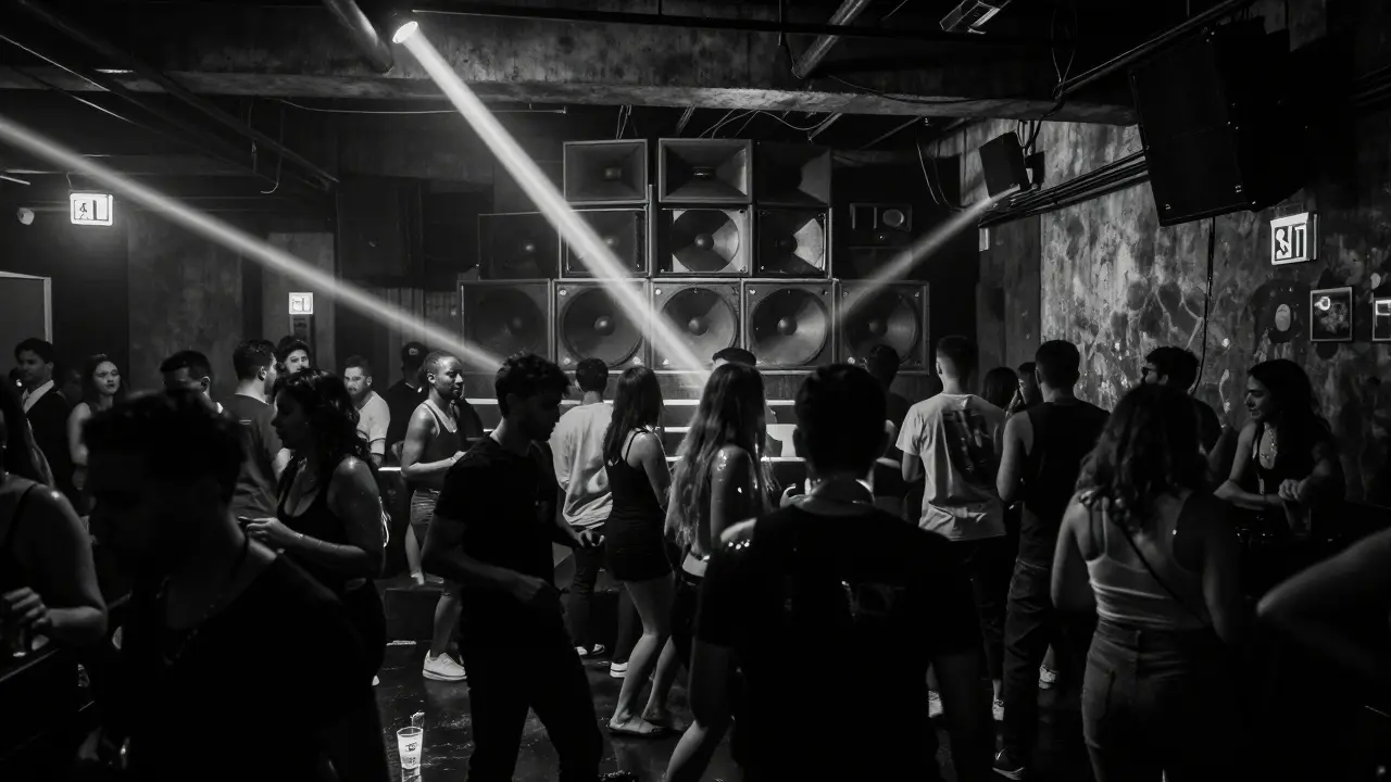 Dancers in a concrete warehouse club under pulsing techno lights