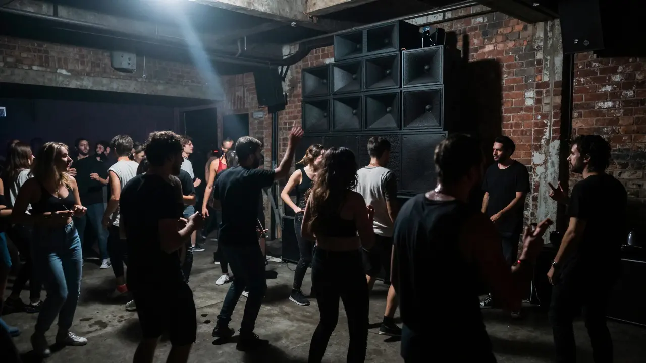 Dark underground techno club with dense crowd dancing under strobe lights, exposed brick and concrete walls.