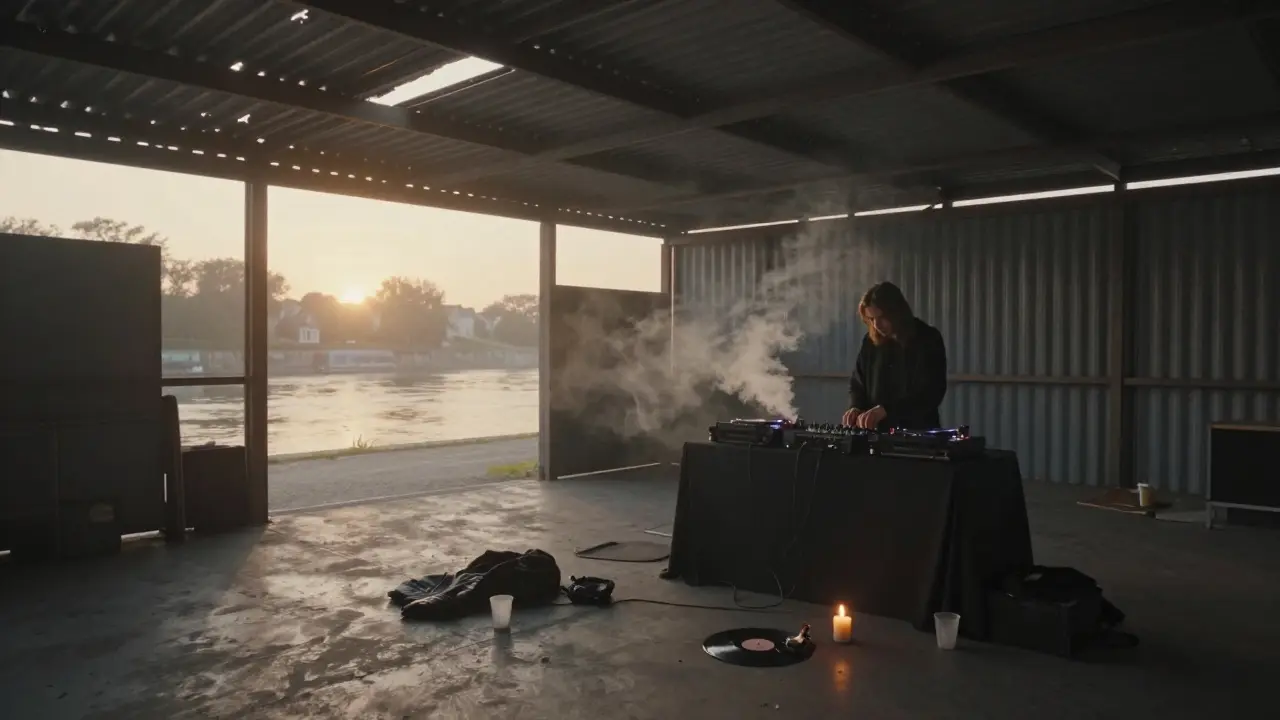 Dawn light filtering into an empty warehouse after an all-night underground party.