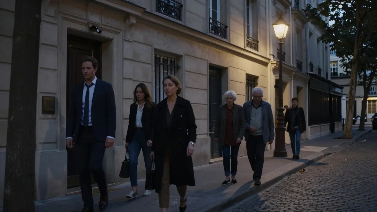 Diverse individuals leaving discreet townhouses in Paris at dusk, calm and relaxed after a session.