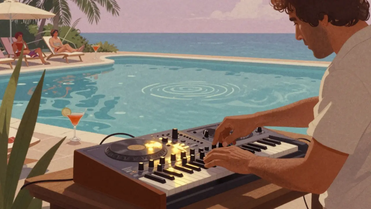 DJ playing vintage synthesizers by a pool at dusk, guests relaxing on chaises as golden light reflects off the water.