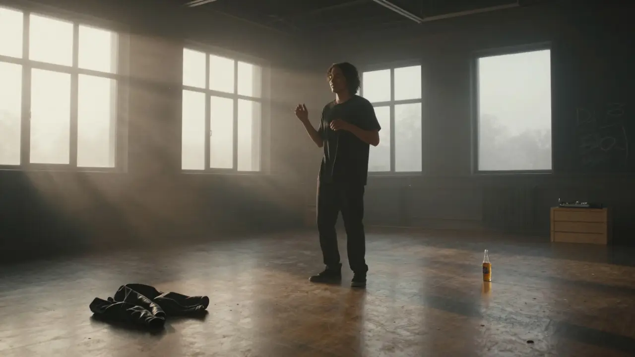 Empty dance floor at dawn, a single jacket left behind, quiet after the last song.