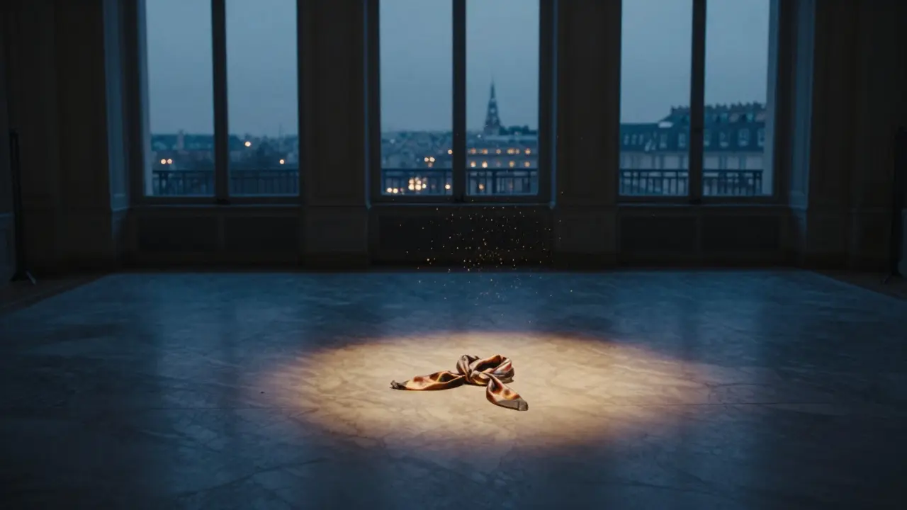 Empty dance floor at dawn with a silk scarf left behind, golden snowflakes fading in the air.
