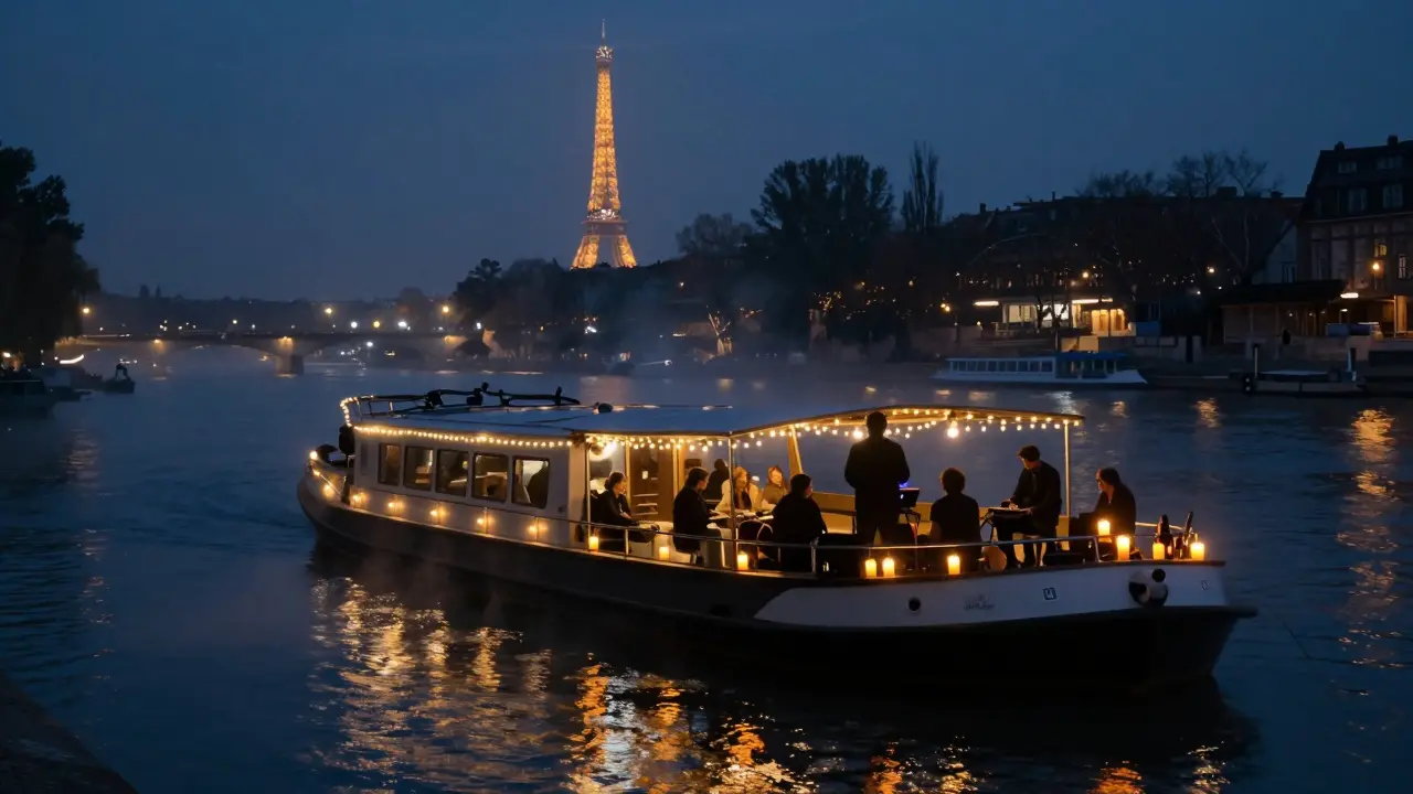 Floating barge club on the Seine at night with string lights and silhouettes