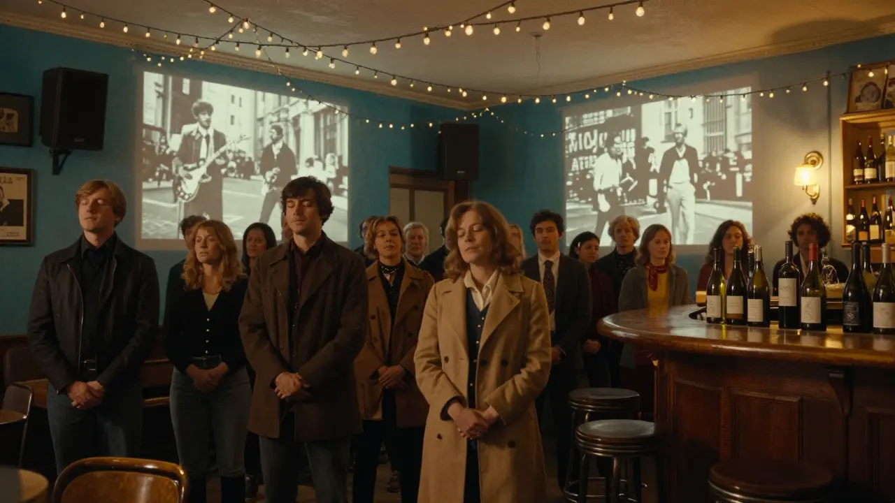 Inside a dimly lit Parisian venue with vintage film projections and a silent crowd moved by live music.