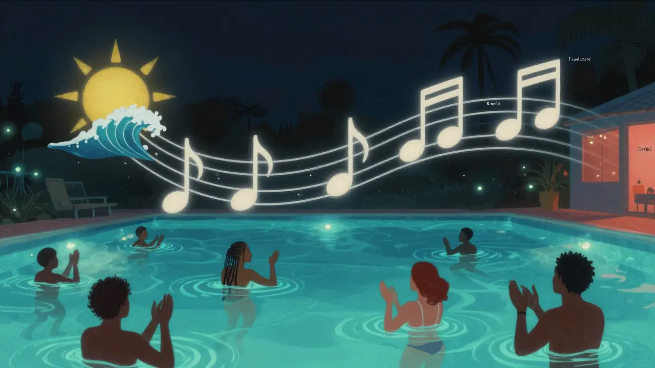 Musical notes shaped like suns and waves float above a nighttime pool, illuminating swimmers in glowing underwater light.