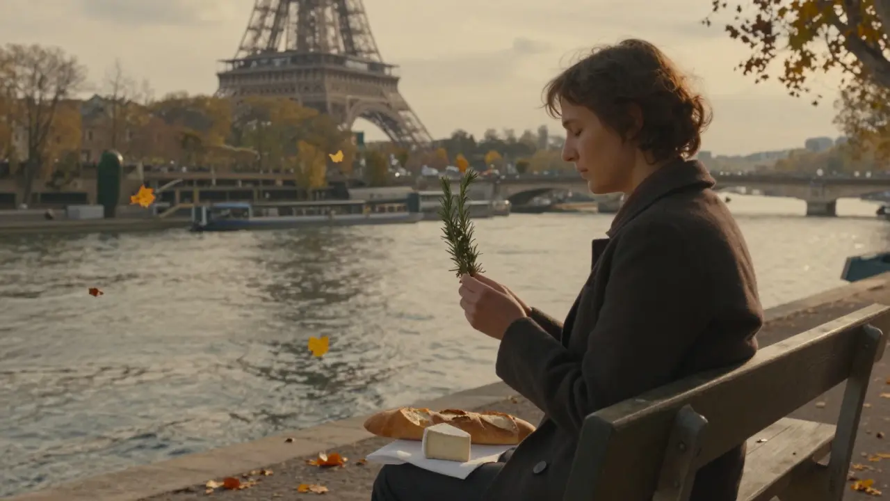 Person sitting peacefully on a Seine bench after a massage, holding rosemary with baguette nearby.