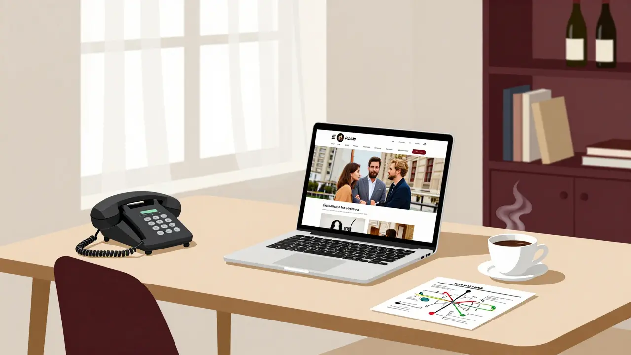 Professional Paris escort agency office with laptop, landline, and art books on a wooden desk.