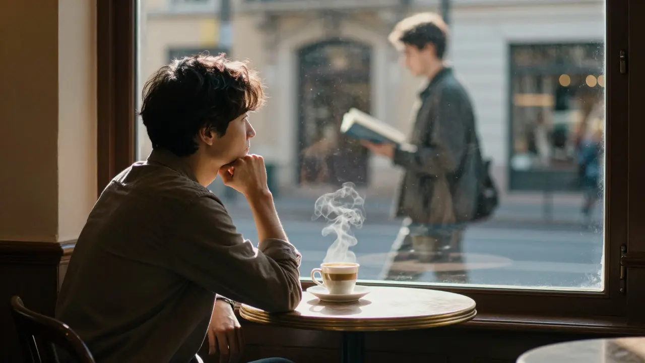 Solo traveler at a Paris café, reflection showing fading digital escort ad in the window.