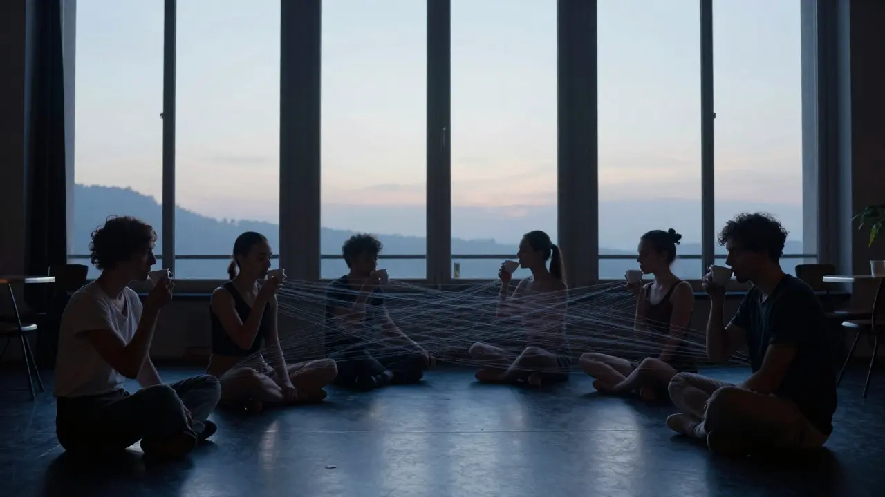 Sunrise at Café de la Danse, people sitting quietly on the floor as blue light blends with fading night energy.