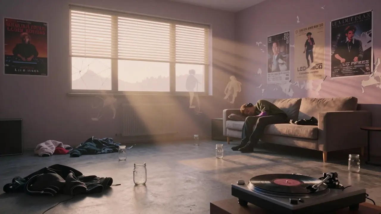 Sunrise light streaming into an empty Le Duplex bar, one person sleeping on a couch as the night ends.