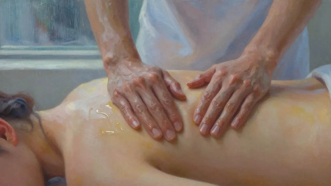 Therapist&#039;s hands gently massaging a shoulder with oil, muscles releasing tension under calm ambient light.