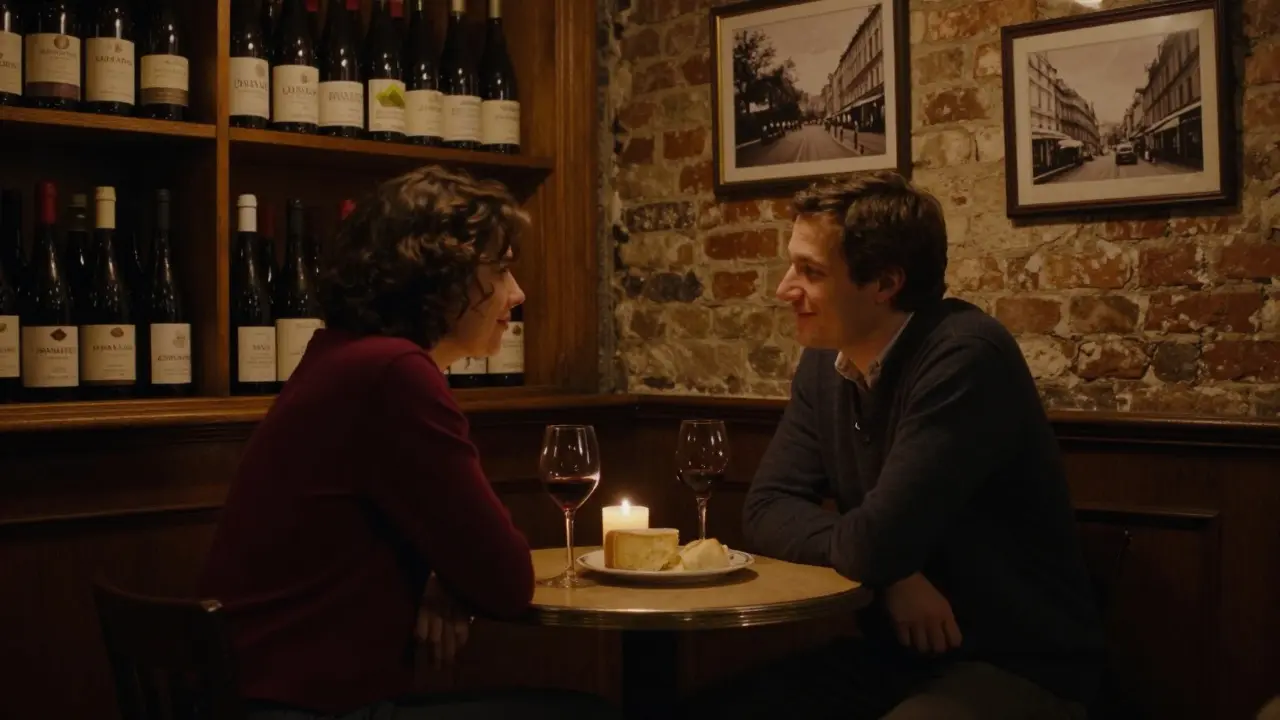 Two individuals sharing wine and cheese in a cozy Parisian wine bar, warm candlelight illuminating their quiet conversation.