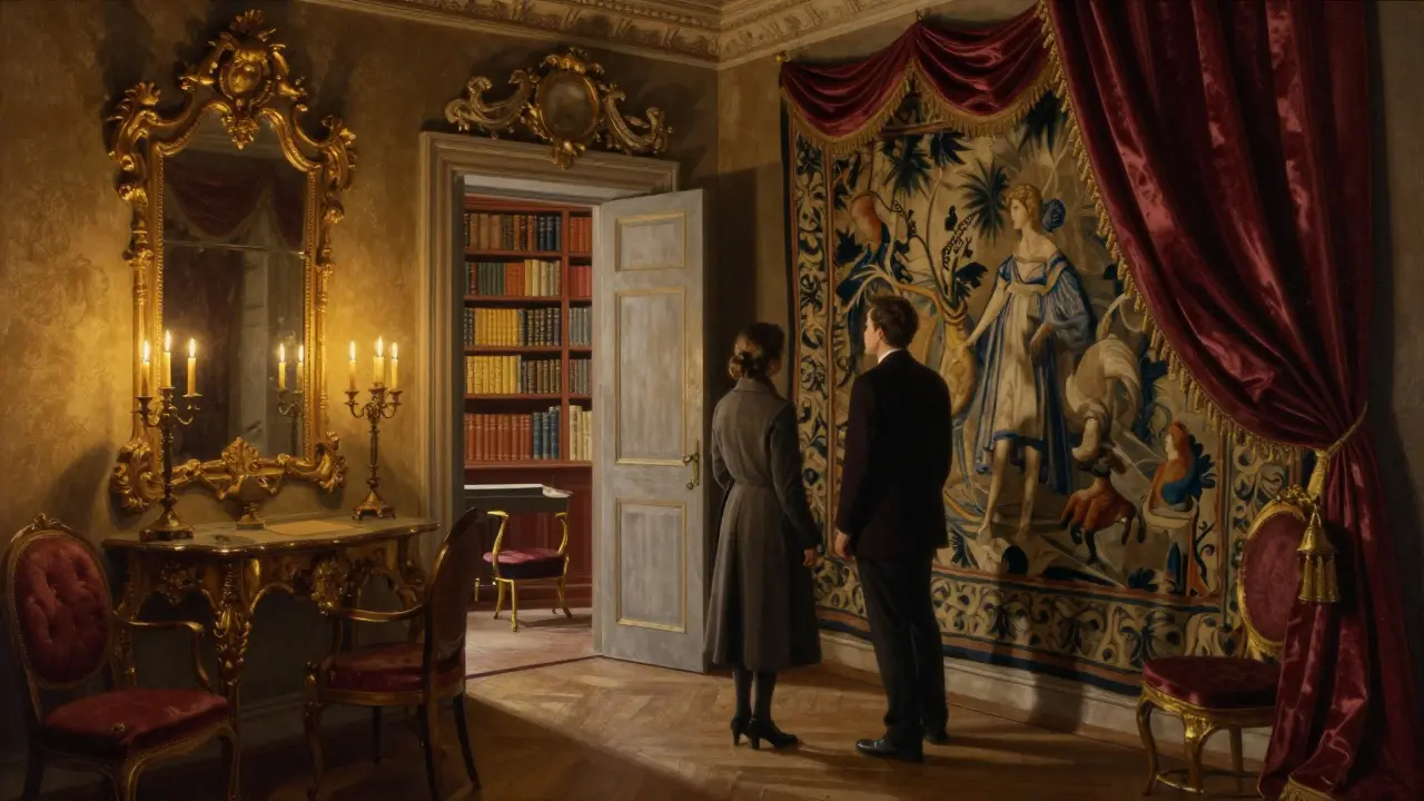 Two people exploring a hidden historic mansion in Paris, surrounded by candlelight and antique art.