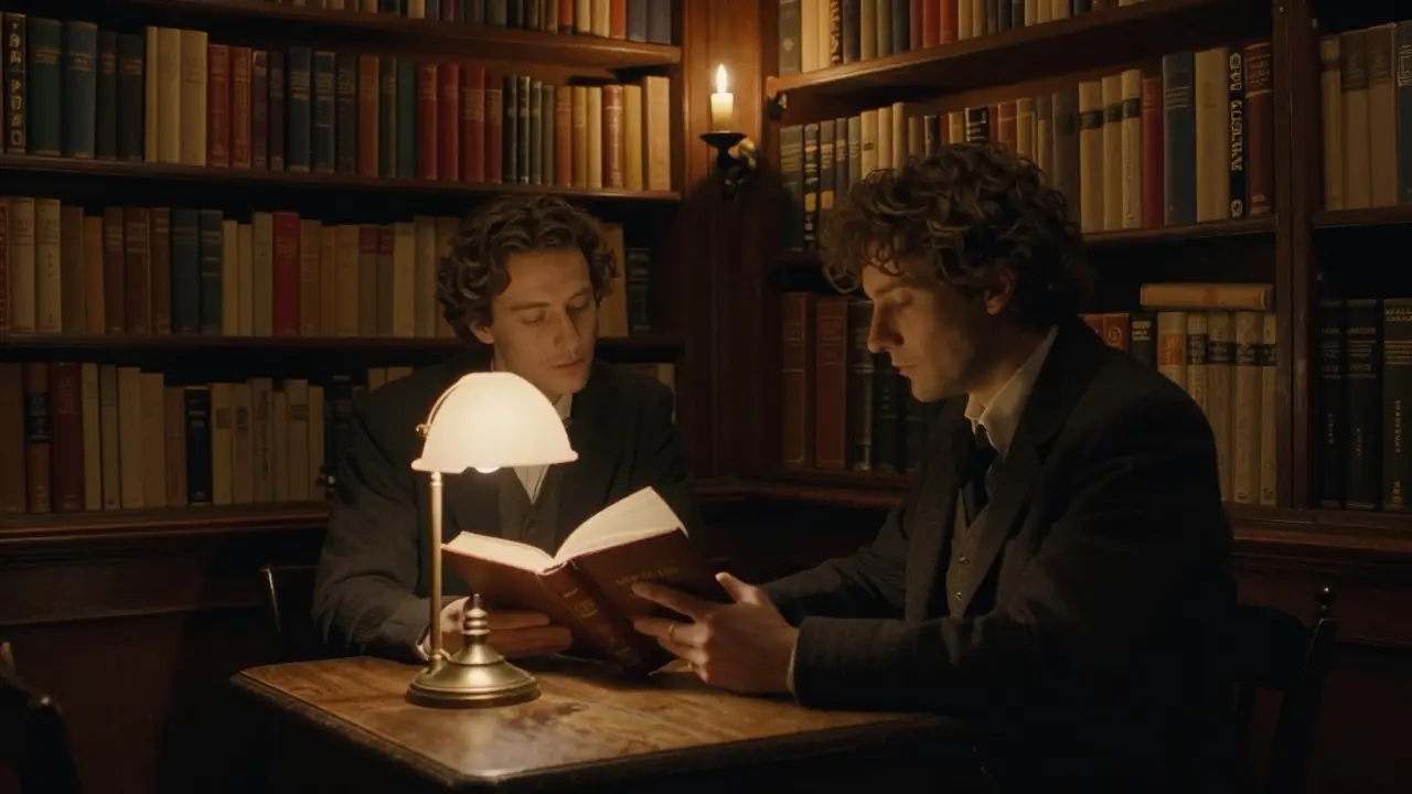 Two people read aloud together in a cozy bookshop back room, candlelight illuminating ancient texts.