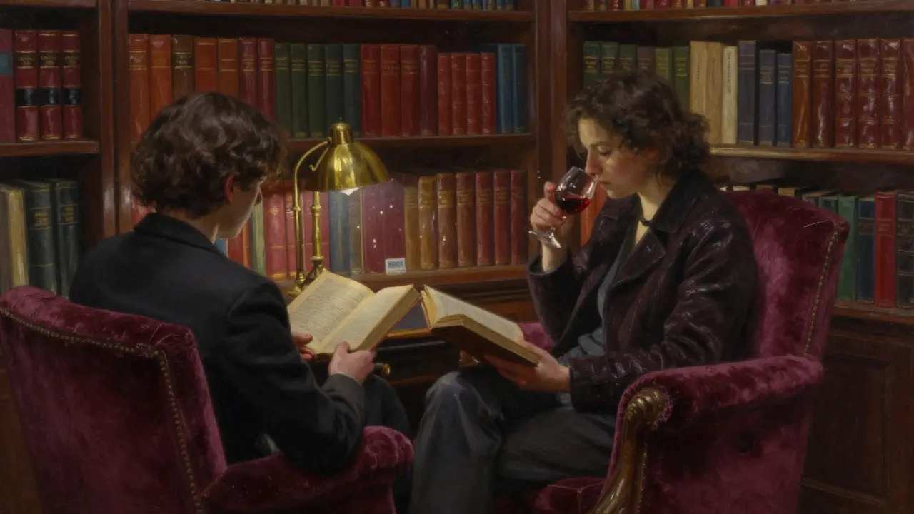 Two people share a quiet moment reading in a cozy Paris bookstore, lit by a warm lamp among old books.