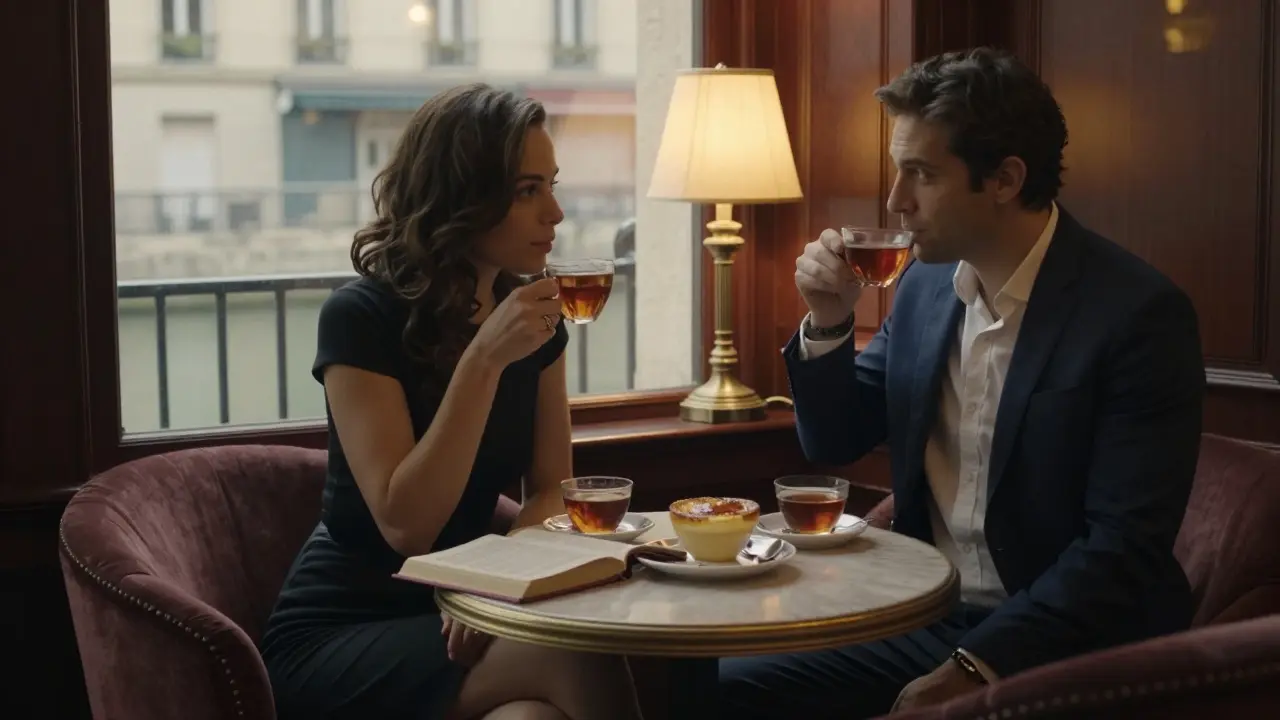 Two people sit in a quiet hotel lounge, sipping tea by the Seine, books and dessert on the table between them.