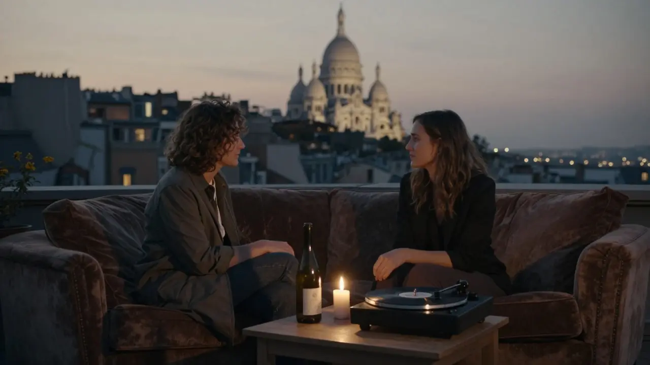 Two people sit on a rooftop at dusk in Paris, sharing wine and music with Sacré-Cœur glowing softly in the distance.