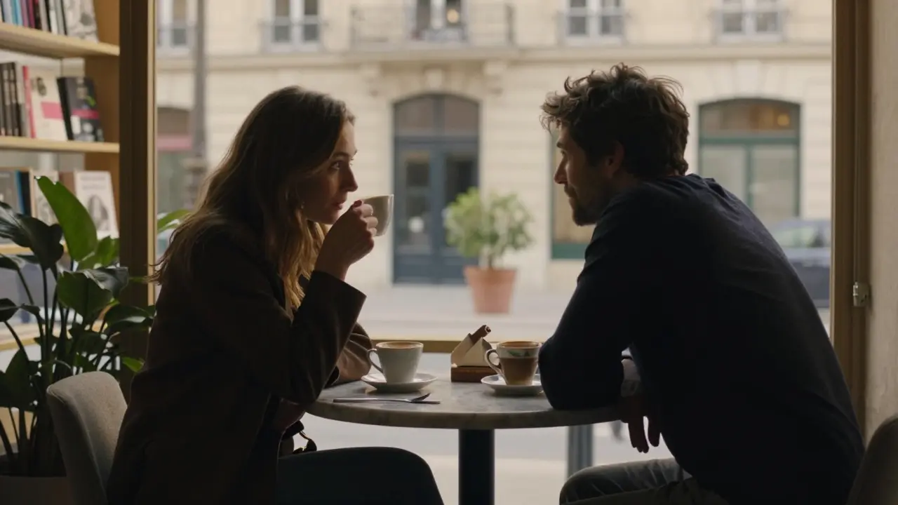 Two silhouetted figures in a café near Parc Monceau, engaged in quiet conversation during golden hour.