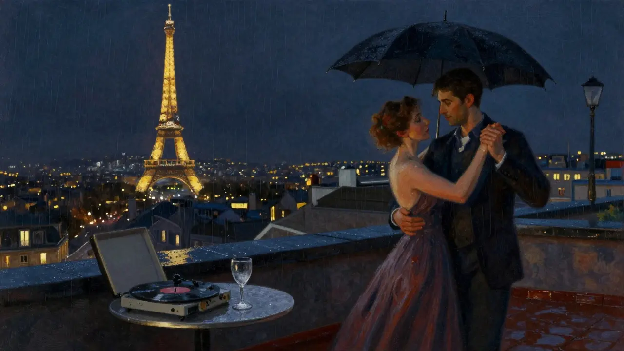 A couple dancing softly on a rainy Paris rooftop under the sparkling Eiffel Tower.