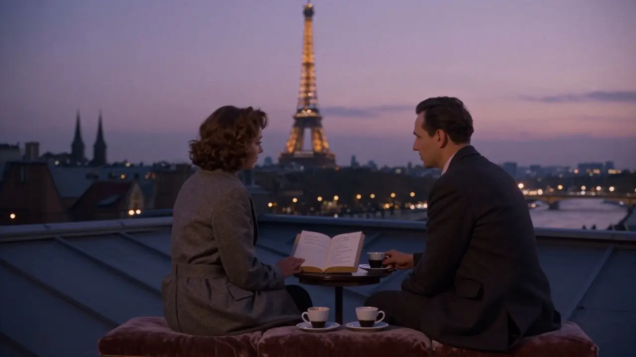 A couple on a rooftop terrace at twilight, with the Eiffel Tower sparkling in the distance.