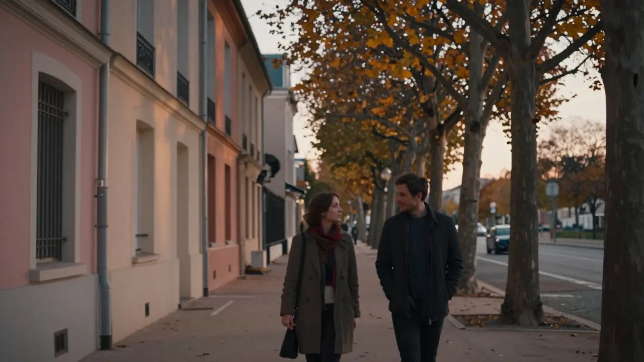 A couple walks peacefully under autumn trees along a quiet Parisian avenue at golden hour.