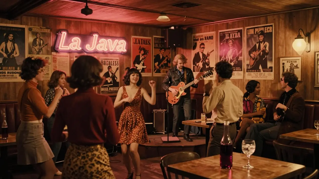 A cozy vintage nightclub with neon signs, concert posters, and a live band under warm amber light.