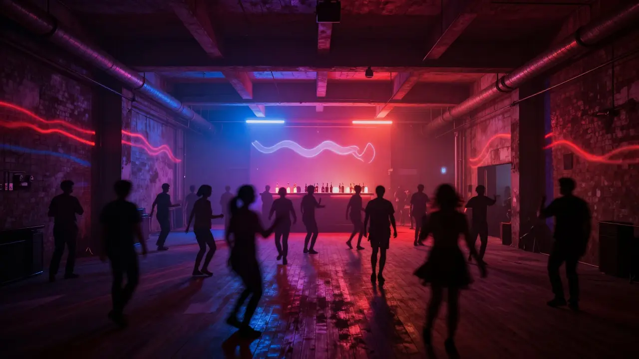 A dark, industrial club with rhythmic colored lights and silhouetted dancers on a worn wooden floor.