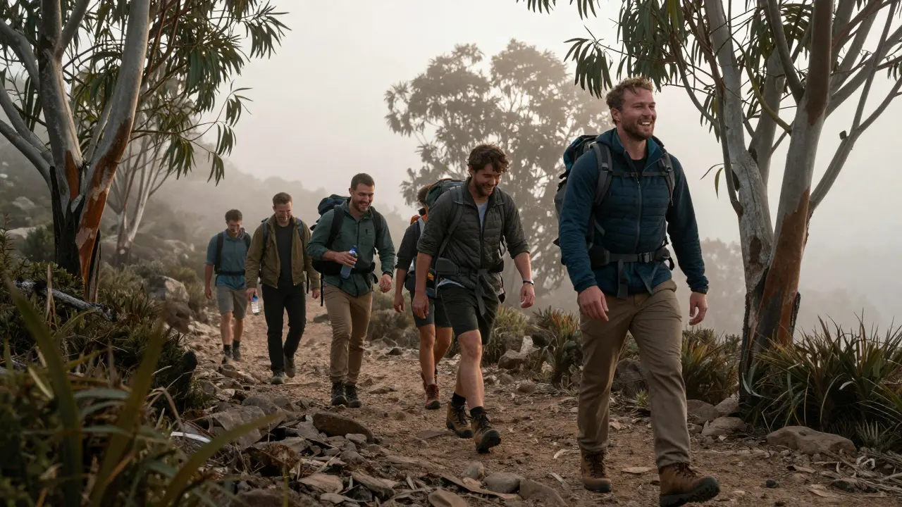 A group of men hiking a mountain trail at sunrise, laughing and supporting each other.