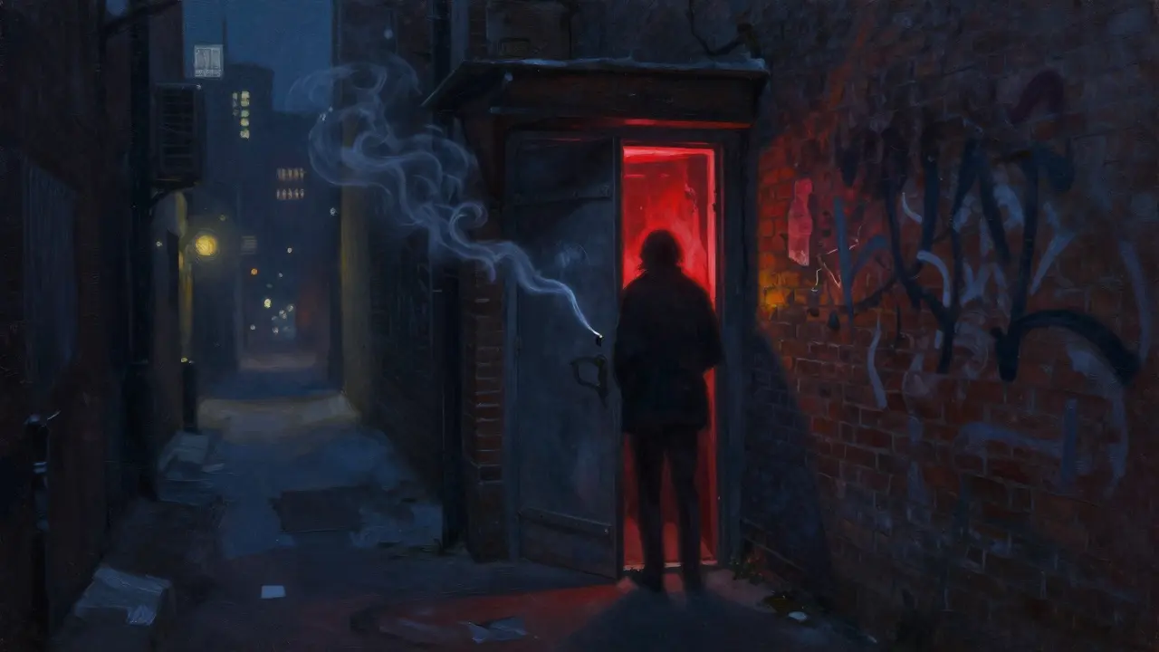 A hidden door in a foggy alley glows faintly red, hinting at an underground club within.