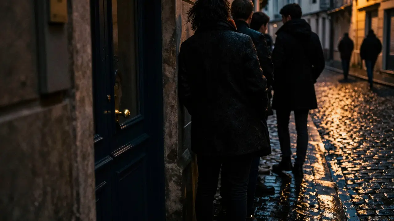 A hidden nightclub entrance at night: a narrow black door with a brass handle on a rainy Paris street, no sign, just a sliver of warm light.