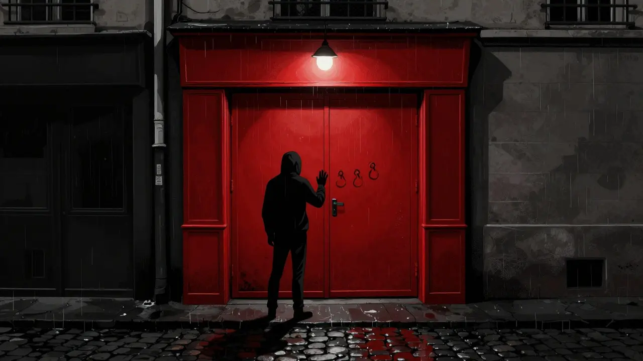 A hidden red door at the end of a rainy Paris alley, no sign, just a lone figure about to knock.