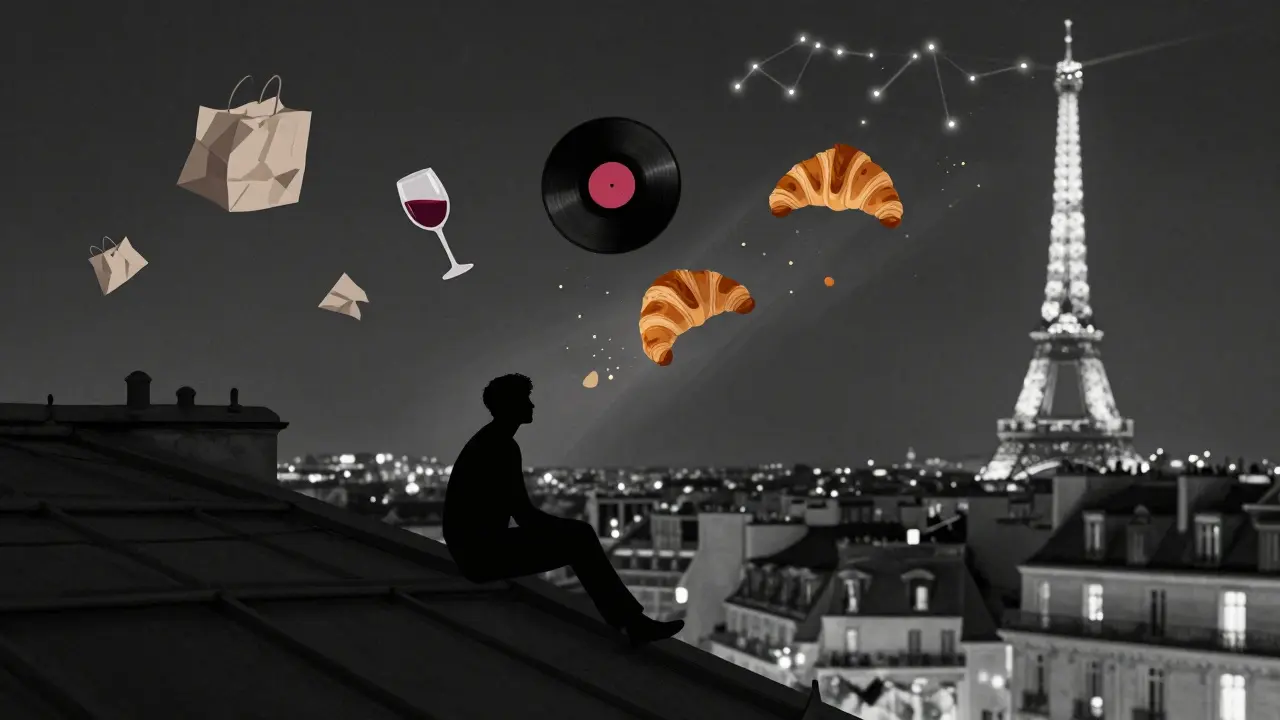 A lone figure on a Paris rooftop surrounded by floating fragments of night life—wine glass, croissant, and sparkles.