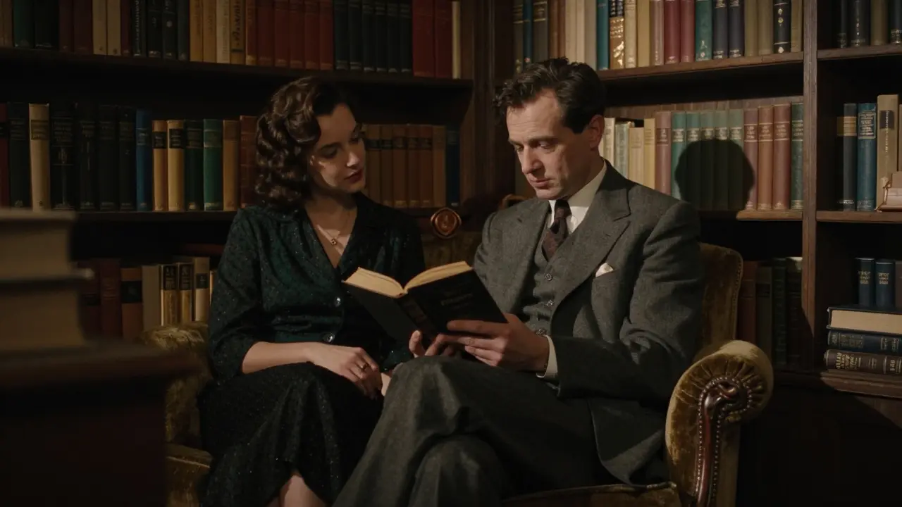 A man reads Proust aloud in a hidden Parisian bookshop, accompanied by a thoughtful woman.