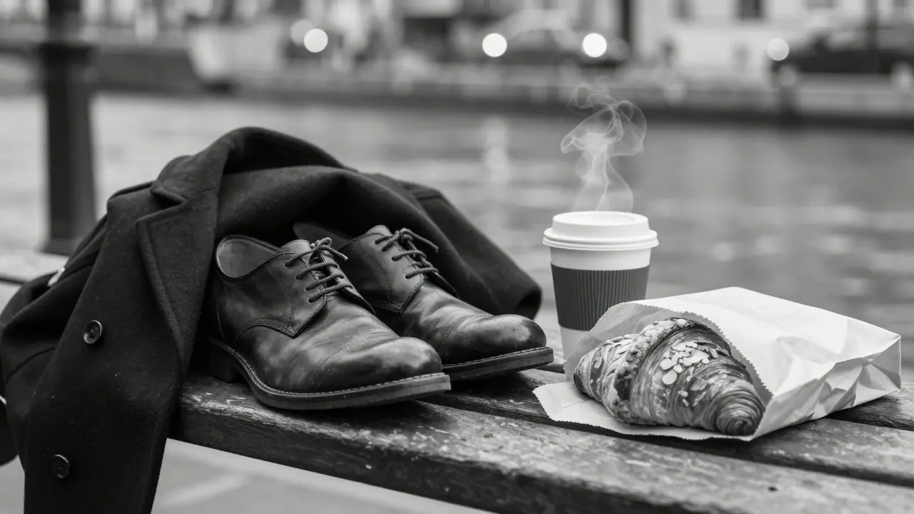 A navy coat and almond croissant rest on a bench beside a steaming coffee cup, empty but for memory.