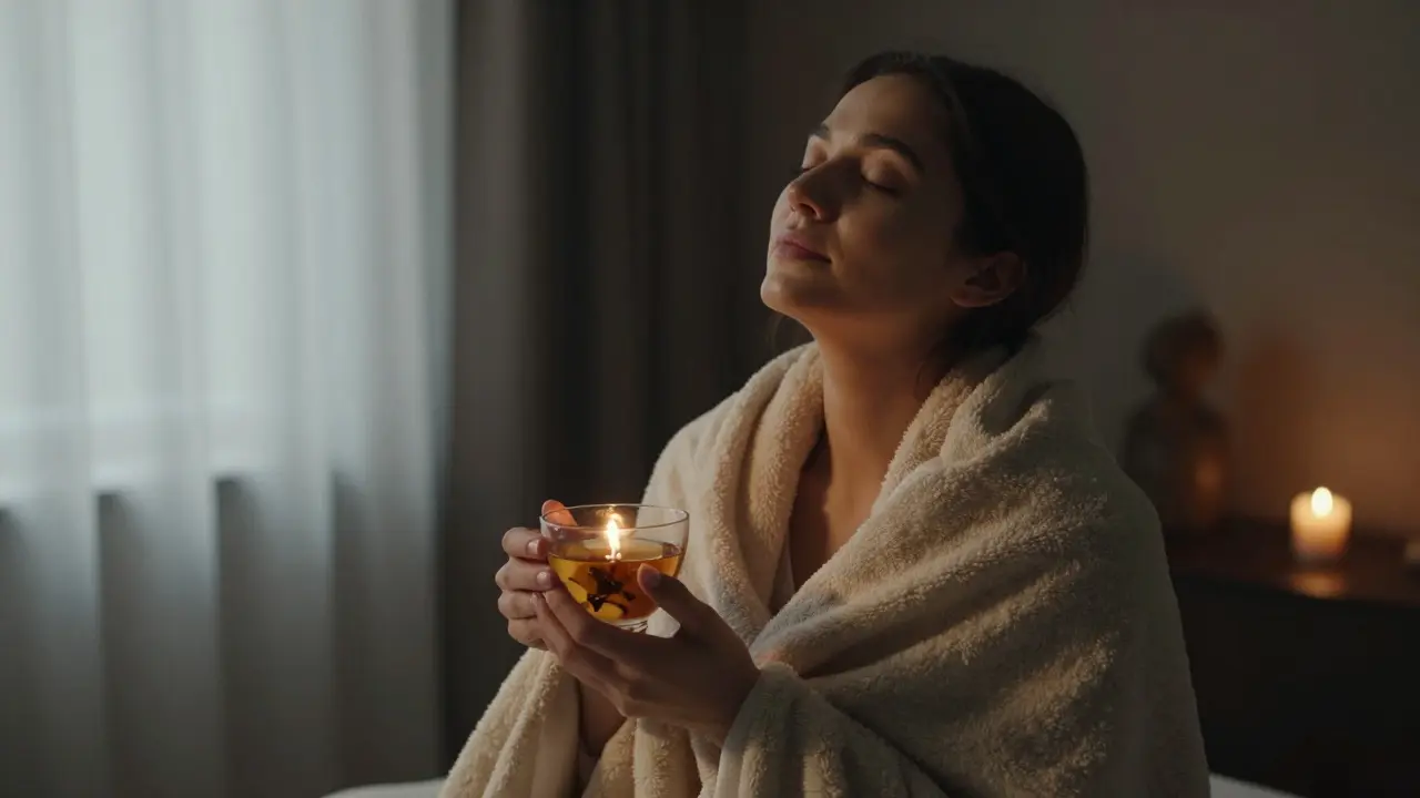A person sitting quietly after a massage, wrapped in a blanket, drinking tea, eyes closed, exuding deep calm and stillness.