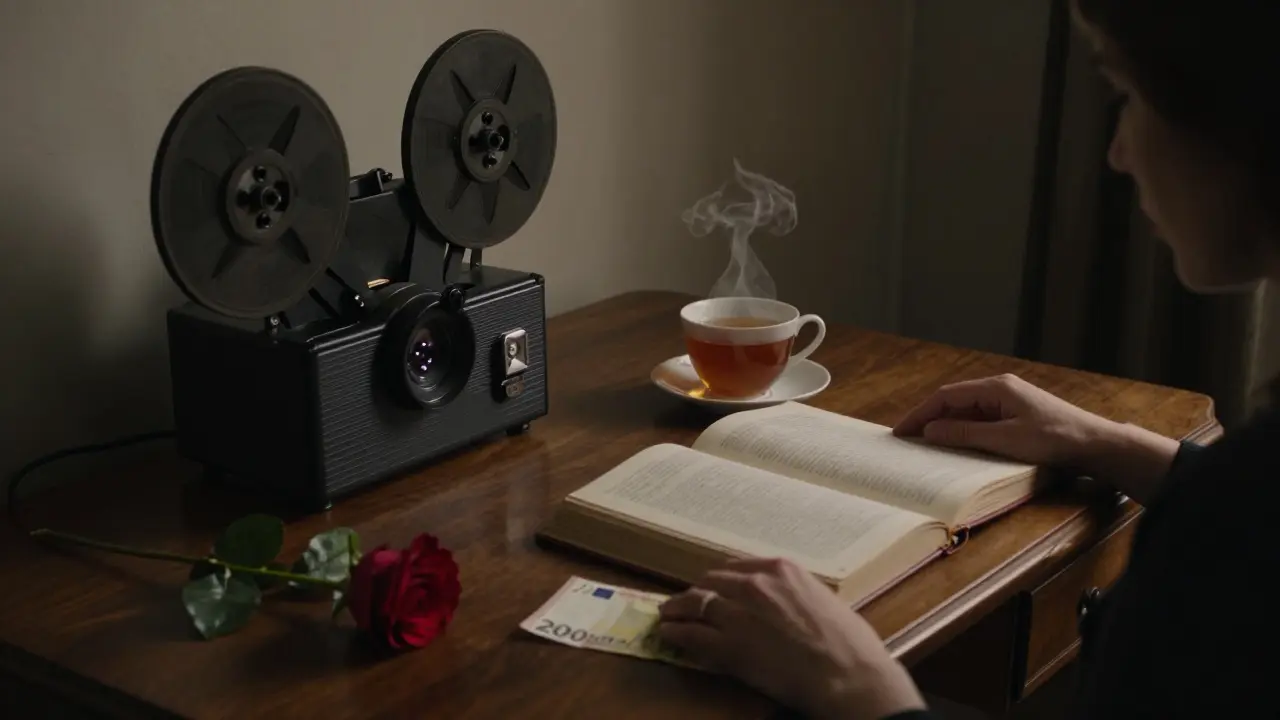 A private study with a book, tea, and a rose beside a 200€ note under warm, moody lighting.