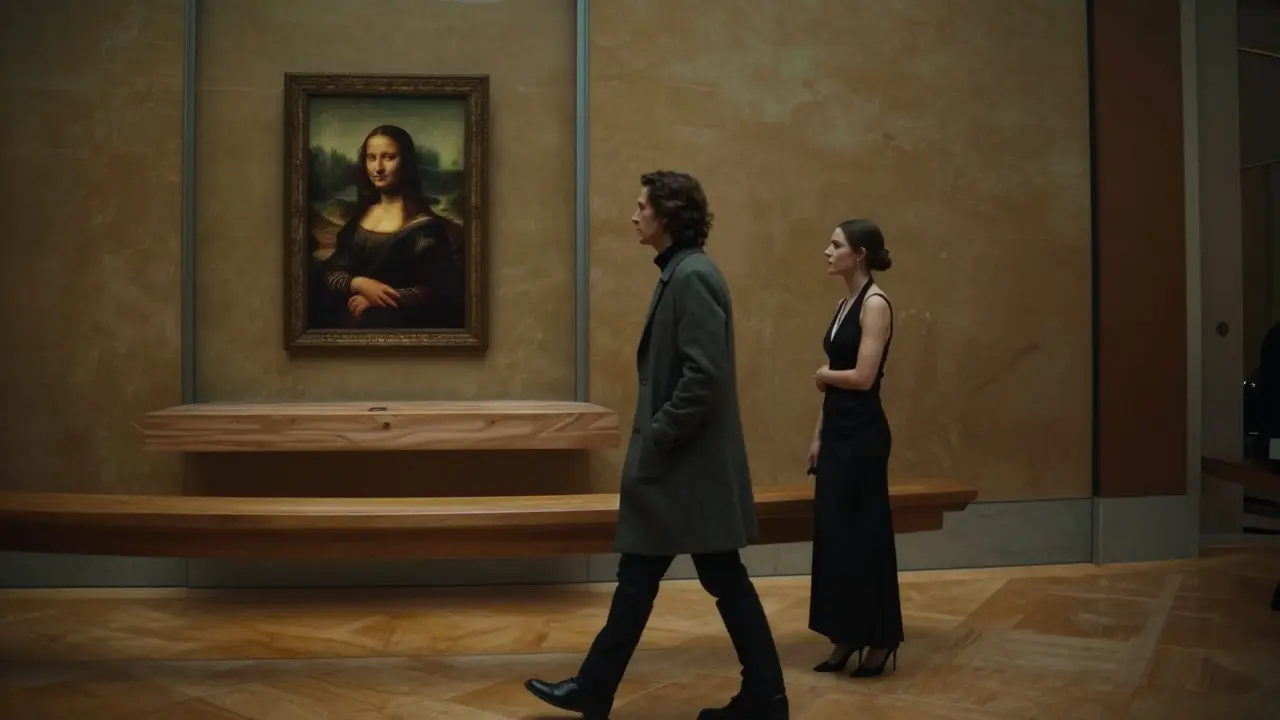 A private tour of the Louvre after hours, with two figures quietly viewing art in an empty gallery.