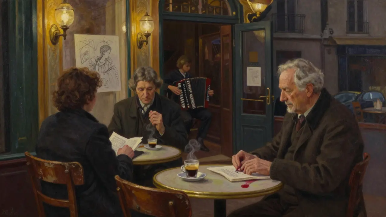 A quiet café at midnight with a writer, an elderly couple, and a student sharing silent moments over espresso.