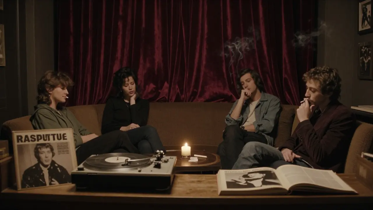 A quiet listening room with candles, low couches, and an old turntable playing ambient jazz, surrounded by books and silence.