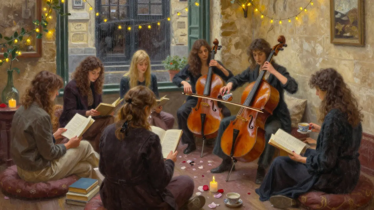 A quiet salon gathering with people listening to live music, reading poetry, and sharing tea in soft light.