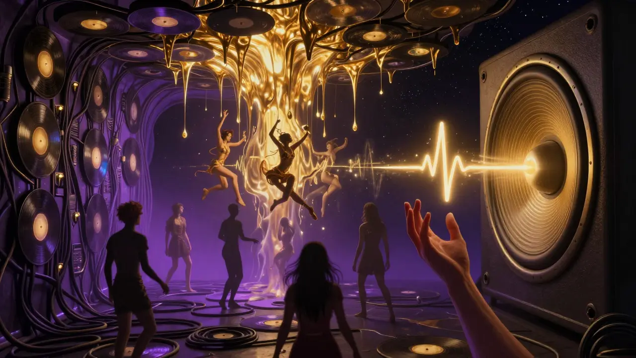 A surreal club as a living organism made of sound waves and glowing records, patrons dissolving into rhythm.