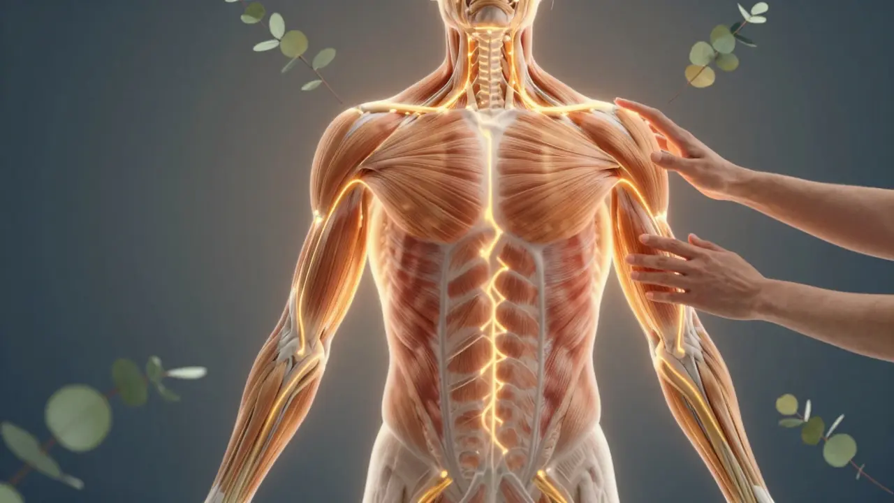 A transparent human body with glowing energy lines showing muscle tension releasing.