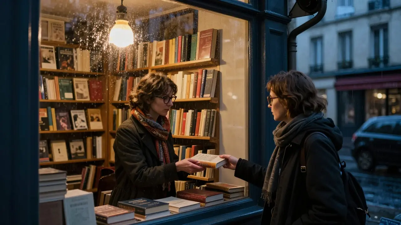 A visitor receives a book from a bookseller in a hidden Paris bookstore at night.