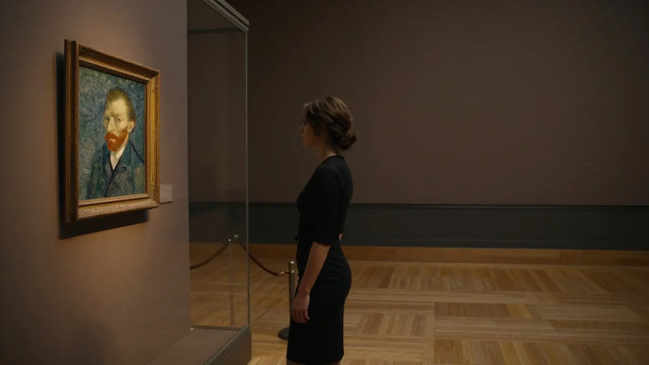 A woman alone in the empty Musée d’Orsay, standing before a Van Gogh painting in soft spotlight.